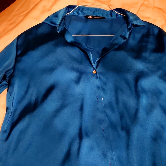Zara Electric Blue Satin Effect Flowy Shirt, M - Picture 4 of 5